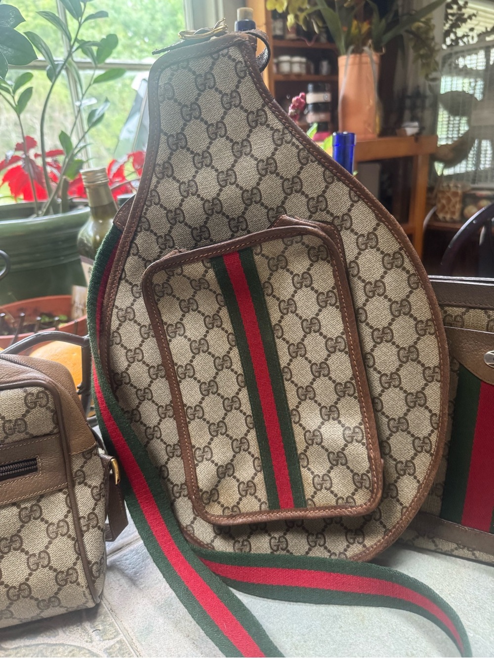 Gucci Beige/Brown Monogram Belt Bag with Green-Red Web Stripe
